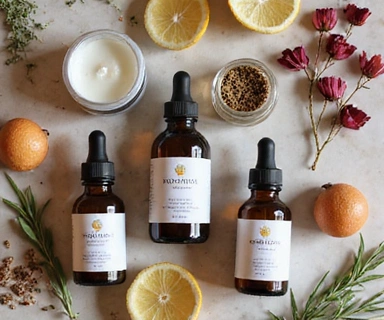Natural skincare ingredients including essential oils, botanical extracts, and organic products