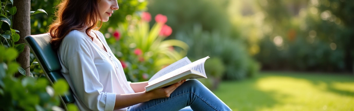 Person reading wellness articles in a natural garden setting
